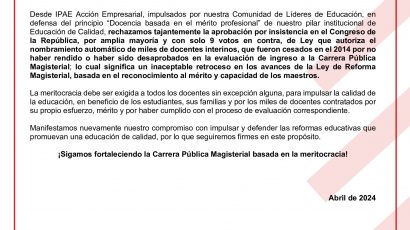 RECHAZAMOS APROBACIÓN DE LEY EN EL CONGRESO QUE DAÑA GRAVEMENTE LA MERITOCRACIA DOCENTE Y PERJUDICA A MILLONES DE ESTUDIANTES